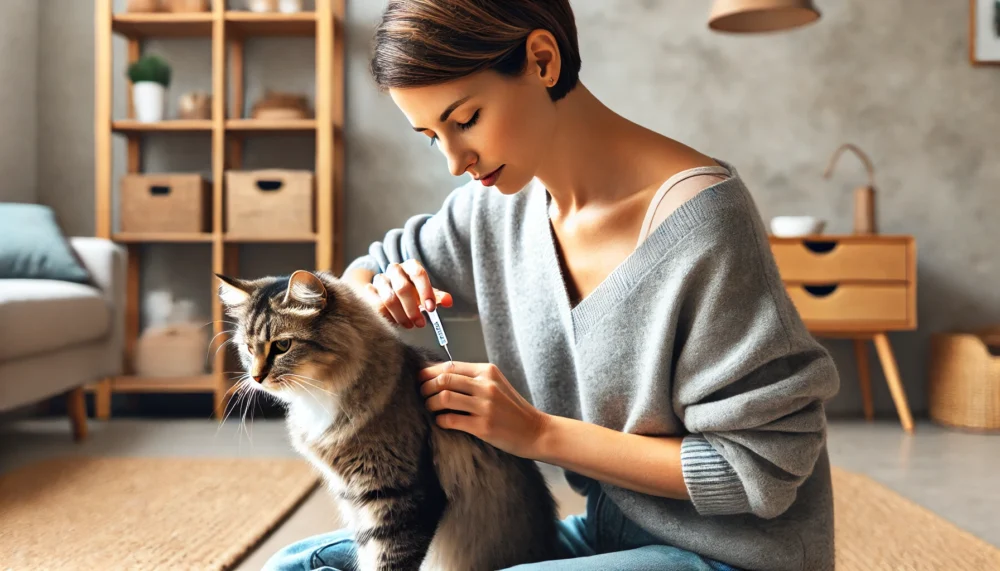 猫の背中に薬を滴下する女性